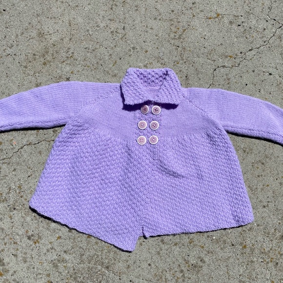 Vintage 80s Toddler Pastel Purple Sweater Jacket, Kids Hand Knit Sweater Coat - Picture 1 of 4